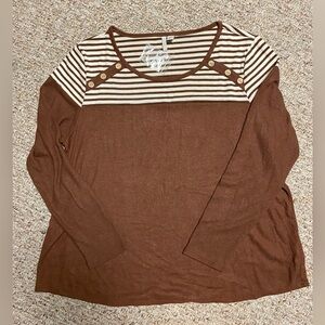 Striped Yoke Brown Long-Sleeve Women's Top